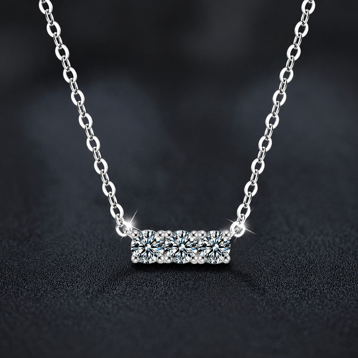 Horizontal Three-Stone Moissanite Bar Necklace in Gold-Plated S925 sterling silver close-up product scene showing pendant setting
