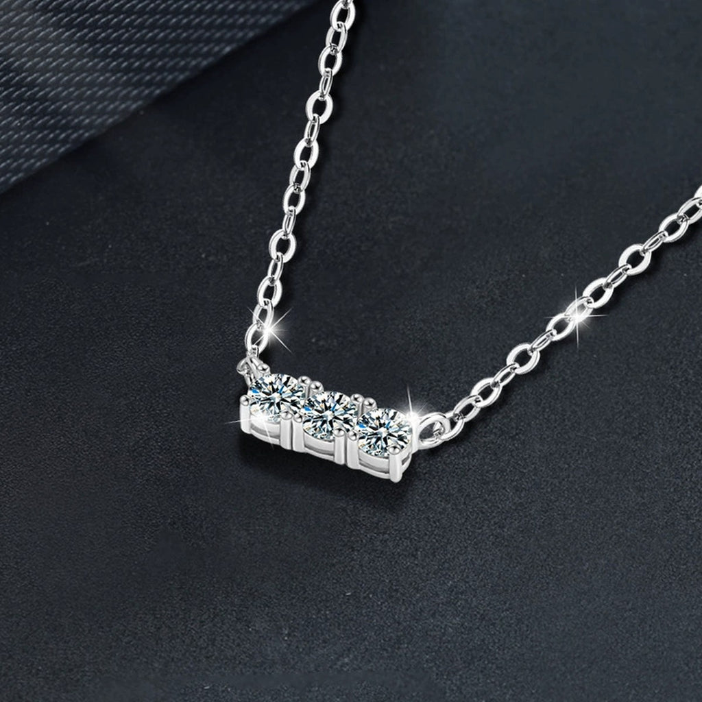 Horizontal Three-Stone Moissanite Bar Necklace in Gold-Plated S925 sterling silver blue display scene showing chain and stone layout