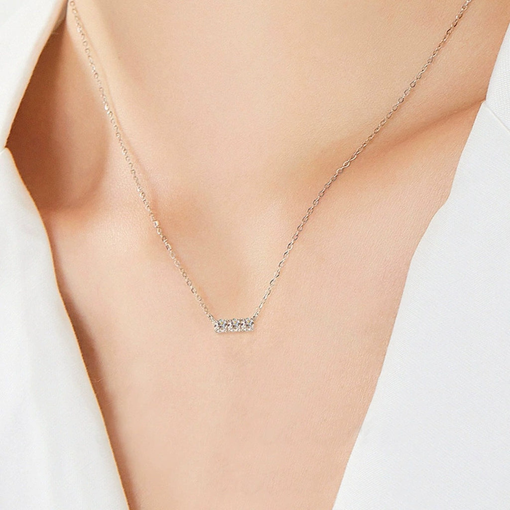 Horizontal Three-Stone Moissanite Bar Necklace in Gold-Plated S925 sterling silver neckline model view showing pendant scale and chain length