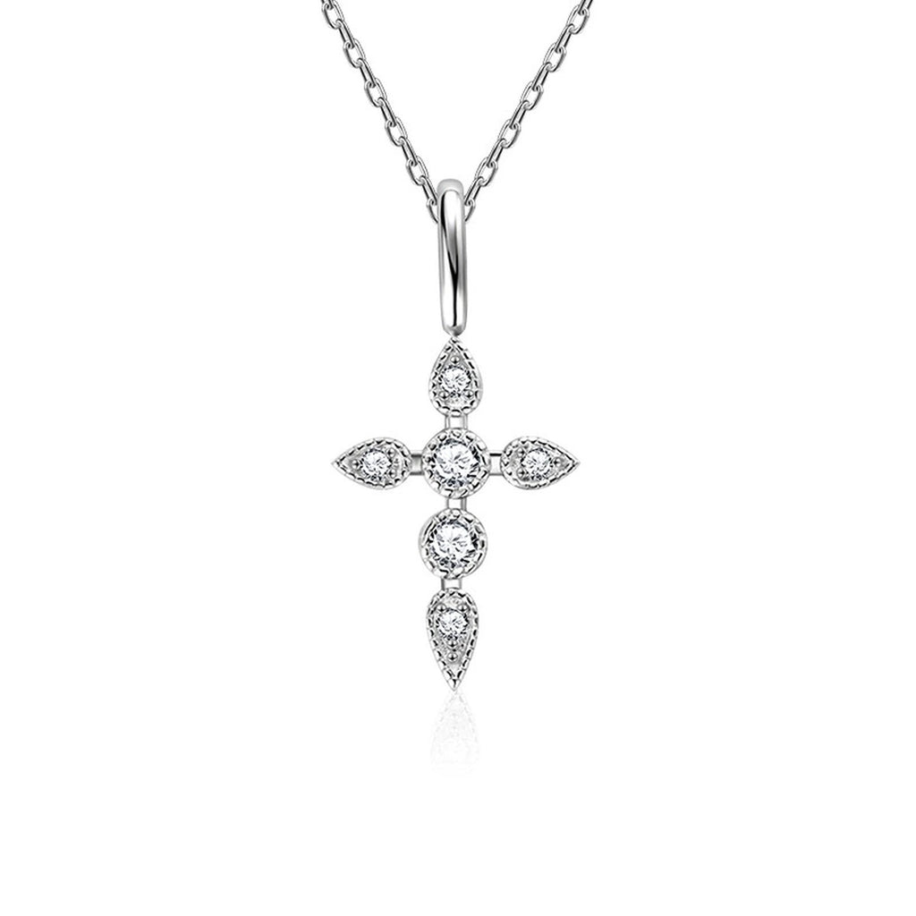 Cross Round Moissanite Necklace with CZ in White Gold-Plated S925 sterling silver white background product photo showing cross pendant with small round moissanite and CZ accents