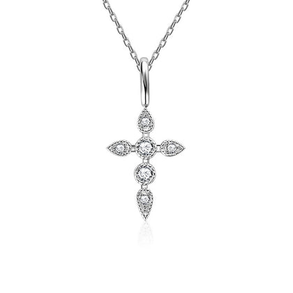 Cross Round Moissanite Necklace with CZ in White Gold-Plated S925 sterling silver white background product photo showing cross pendant with small round moissanite and CZ accents