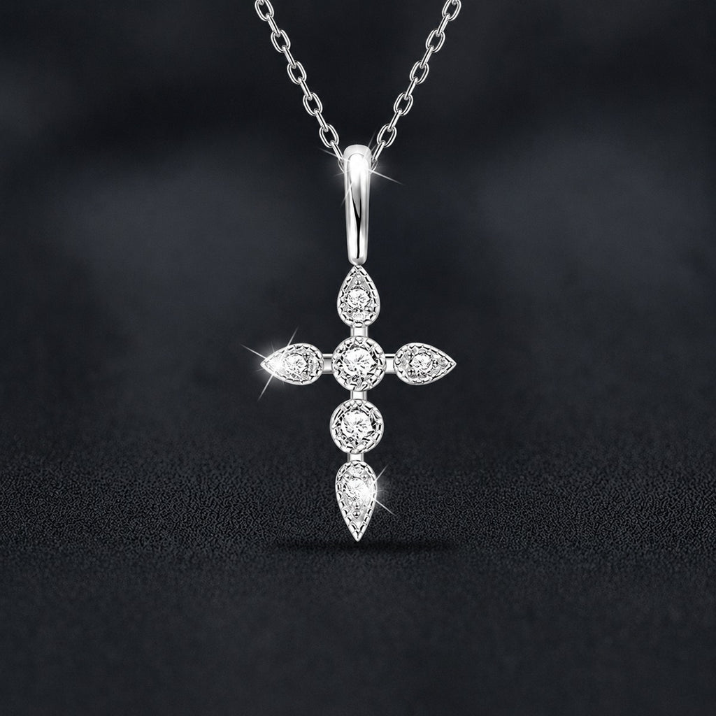 Cross Round Moissanite Necklace with CZ in White Gold-Plated S925 sterling silver close-up product scene showing pendant setting
