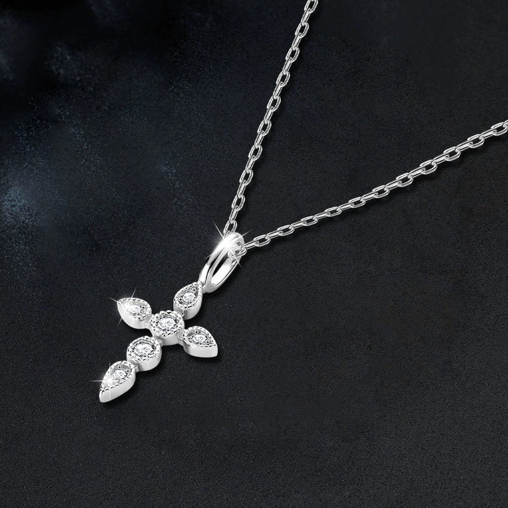 Cross Round Moissanite Necklace with CZ in White Gold-Plated S925 sterling silver blue display scene showing chain and stone layout