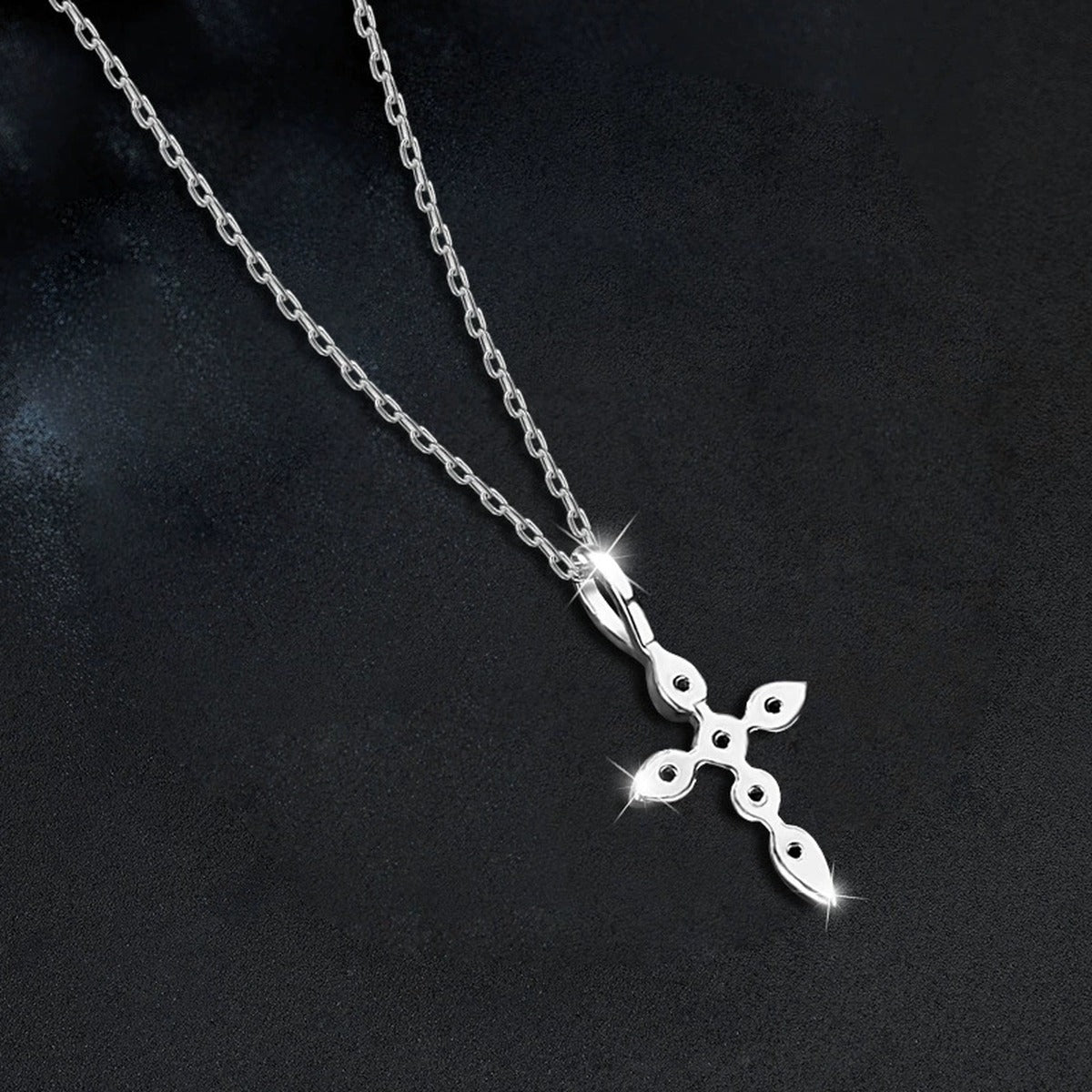 Cross Round Moissanite Necklace with CZ in White Gold-Plated S925 sterling silver angled product detail view