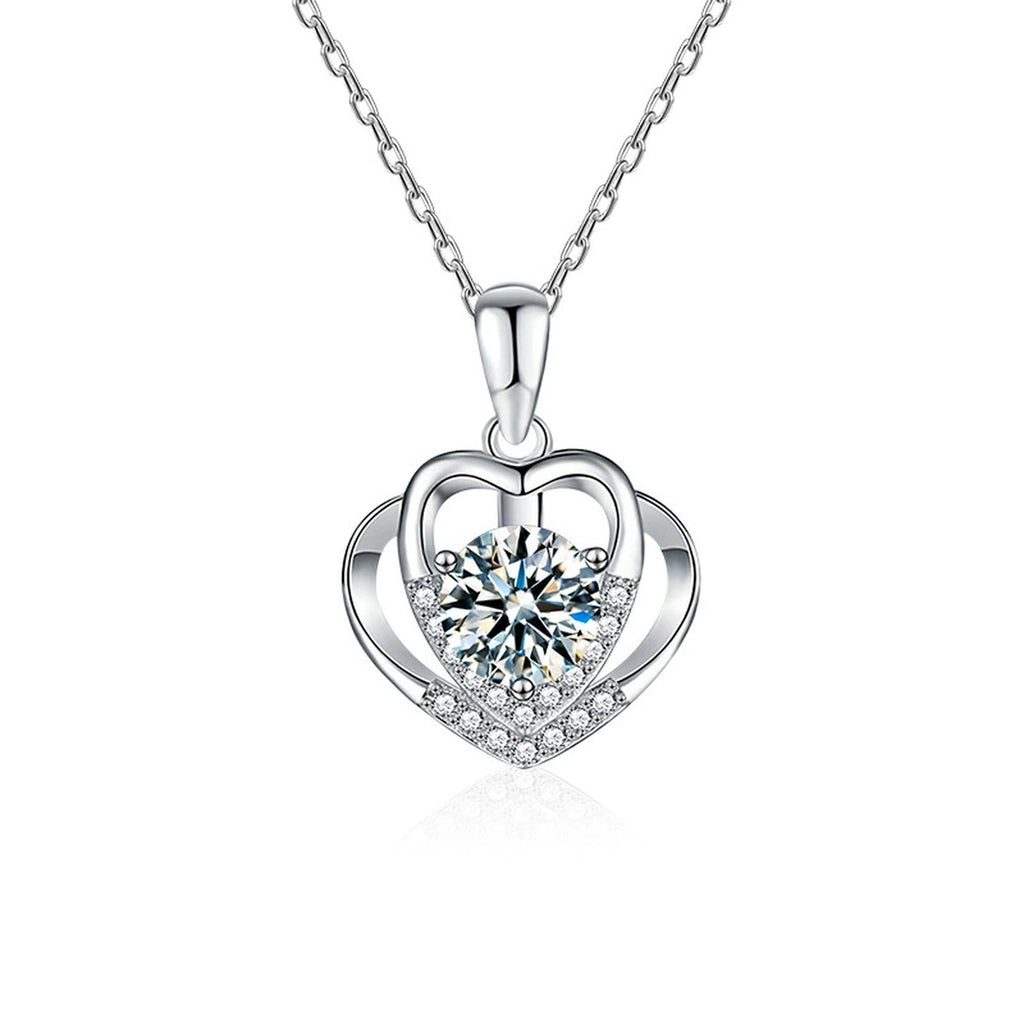 Layered Heart Round Moissanite Necklace with CZ in White Gold-Plated S925 sterling silver white background front product view showing layered open-heart pendant centered with a round moissanite and CZ sweep