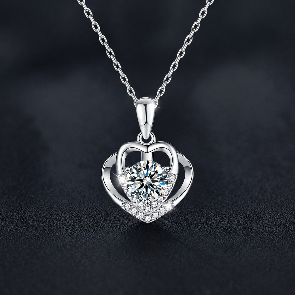 Layered Heart Round Moissanite Necklace with CZ in White Gold-Plated S925 sterling silver close-up styled product scene showing pendant setting