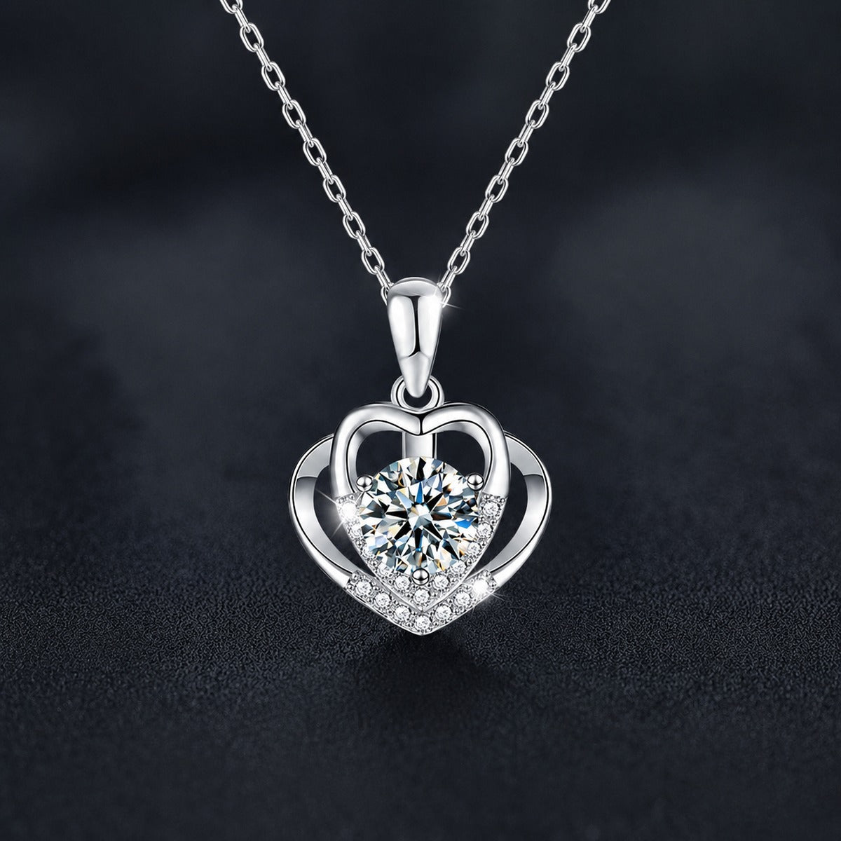 Layered Heart Round Moissanite Necklace with CZ in White Gold-Plated S925 sterling silver close-up styled product scene showing pendant setting