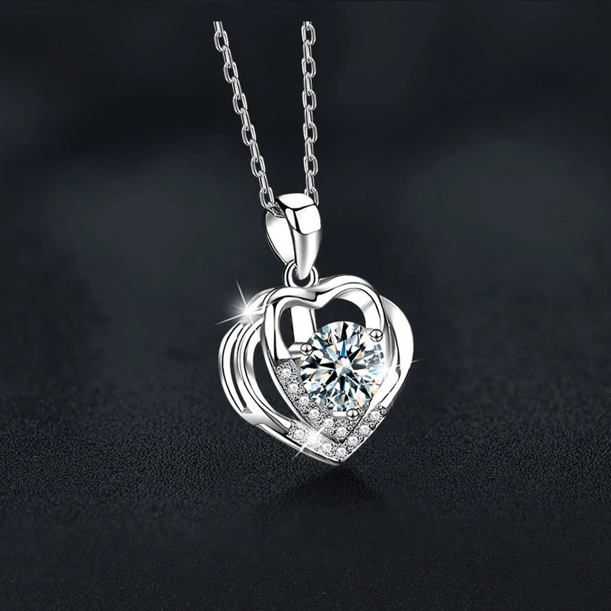Layered Heart Round Moissanite Necklace with CZ in White Gold-Plated S925 sterling silver display scene showing chain and stone layout