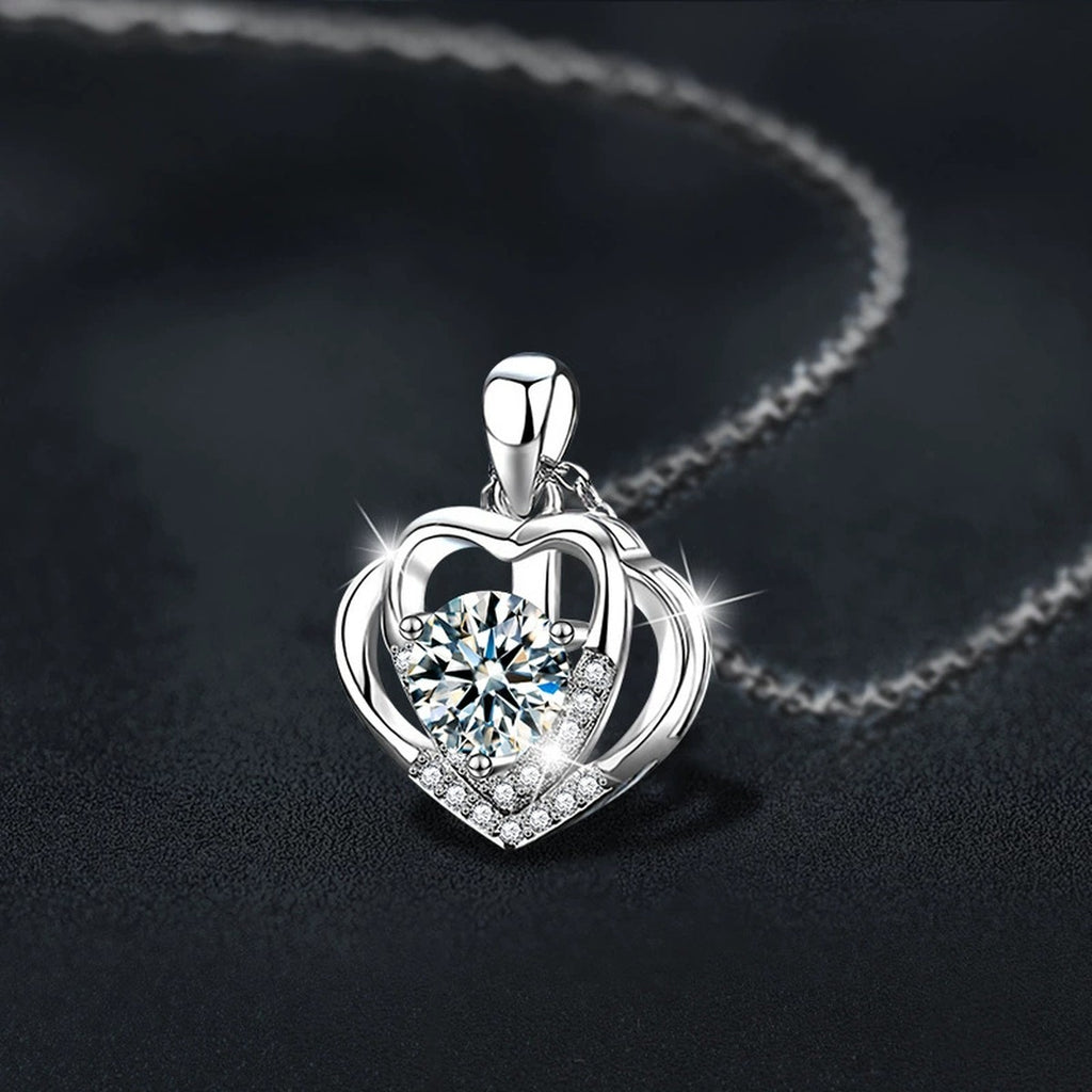 Layered Heart Round Moissanite Necklace with CZ in White Gold-Plated S925 sterling silver angled product detail view