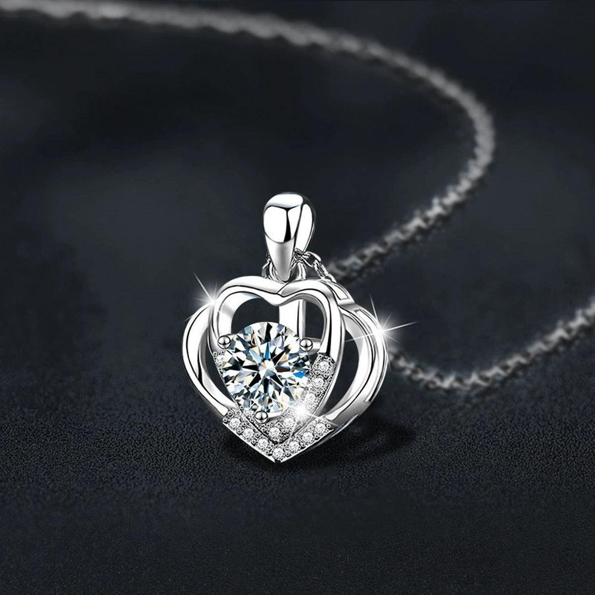 Layered Heart Round Moissanite Necklace with CZ in White Gold-Plated S925 sterling silver angled product detail view