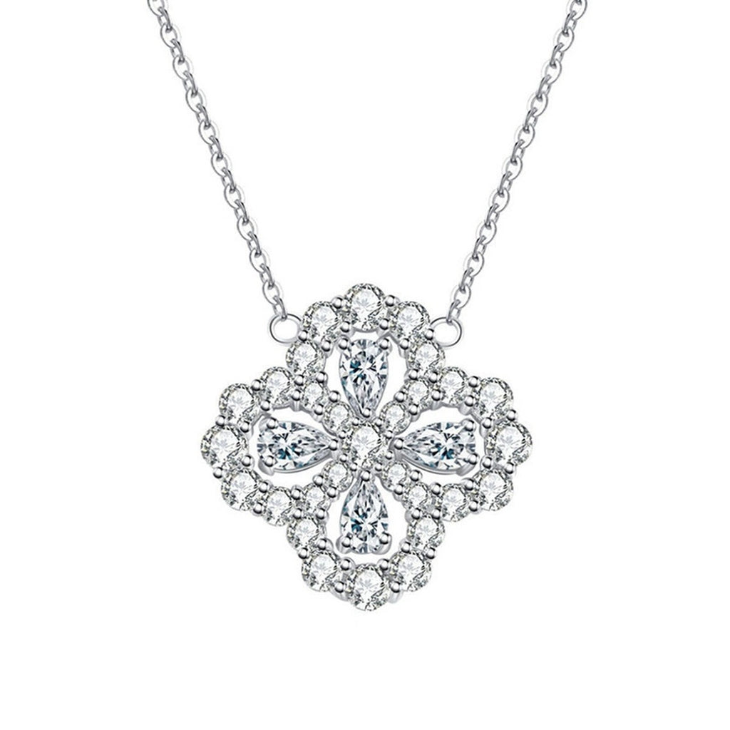 Floral Clover Round Moissanite Necklace with CZ in White Gold-Plated S925 sterling silver white background front product view showing an ornate floral clover with round moissanite petals and openwork CZ detail