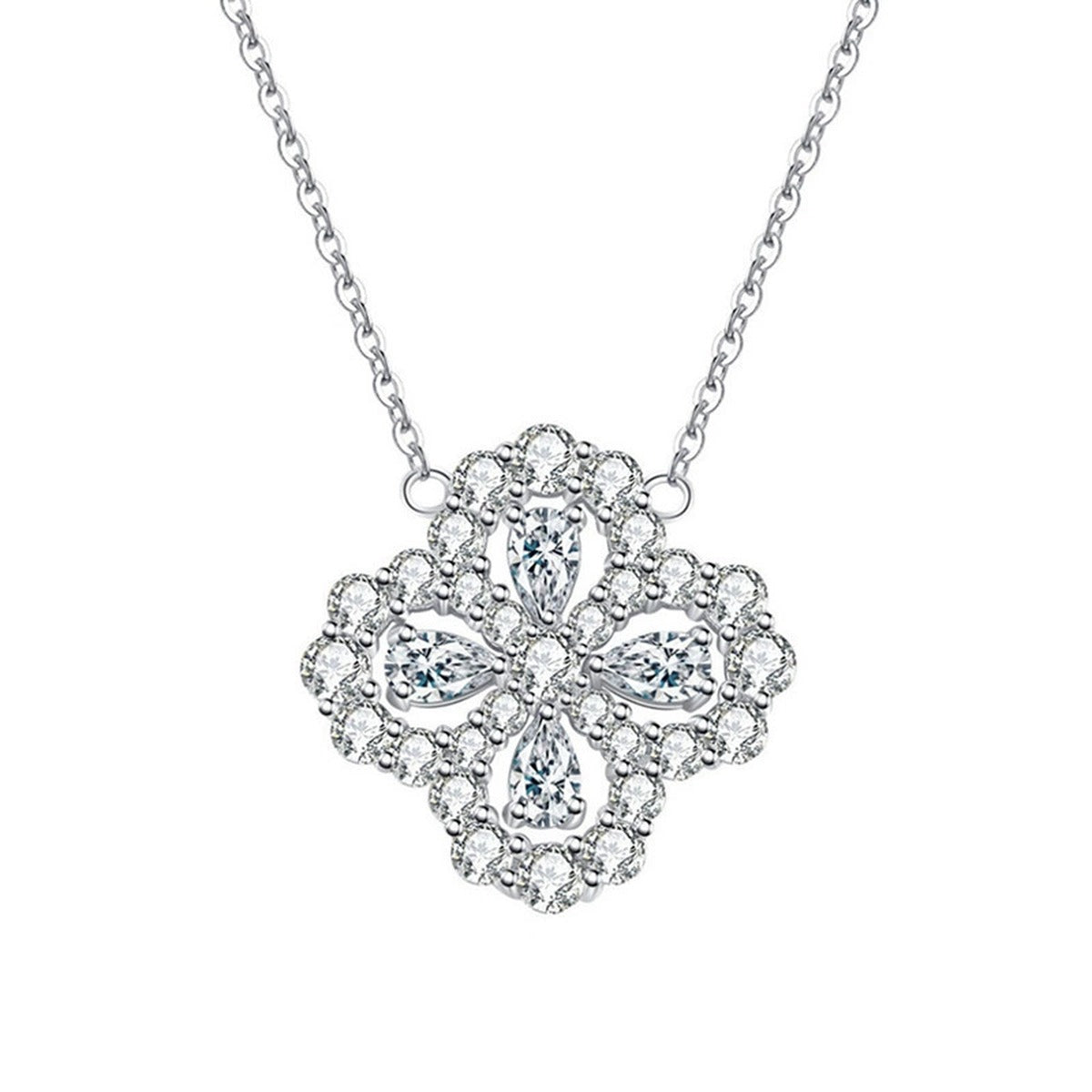 Floral Clover Round Moissanite Necklace with CZ in White Gold-Plated S925 sterling silver white background front product view showing an ornate floral clover with round moissanite petals and openwork CZ detail