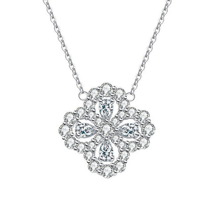 Floral Clover Round Moissanite Necklace with CZ in White Gold-Plated S925 sterling silver white background front product view showing an ornate floral clover with round moissanite petals and openwork CZ detail