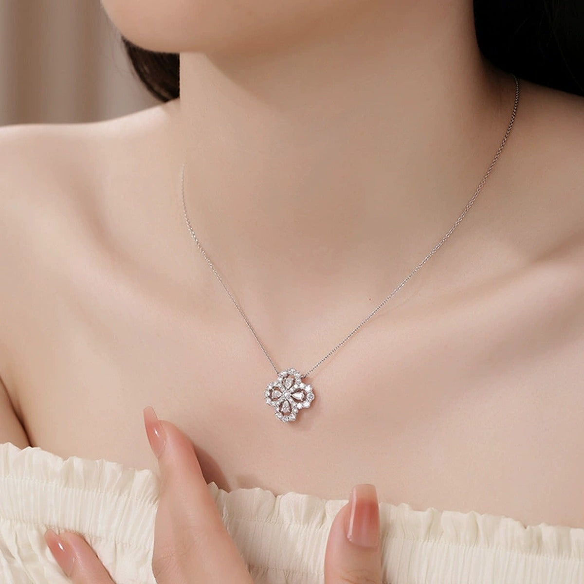 Floral Clover Round Moissanite Necklace with CZ in White Gold-Plated S925 sterling silver neckline model view showing pendant scale and chain length