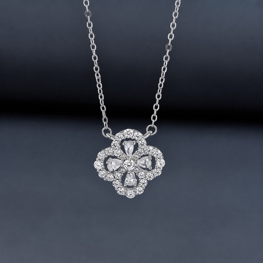 Floral Clover Round Moissanite Necklace with CZ in White Gold-Plated S925 sterling silver close-up styled product scene showing pendant setting