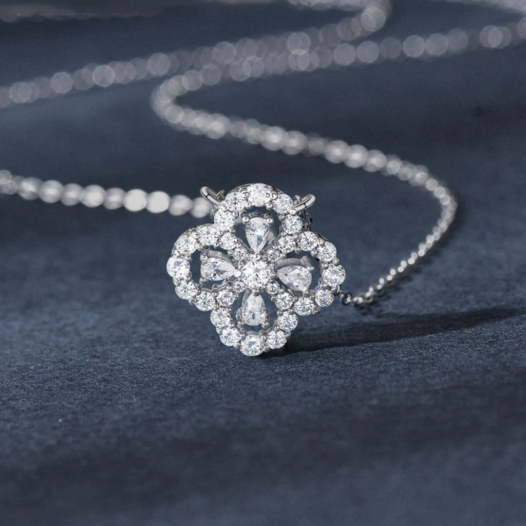 Floral Clover Round Moissanite Necklace with CZ in White Gold-Plated S925 sterling silver display scene showing chain and stone layout