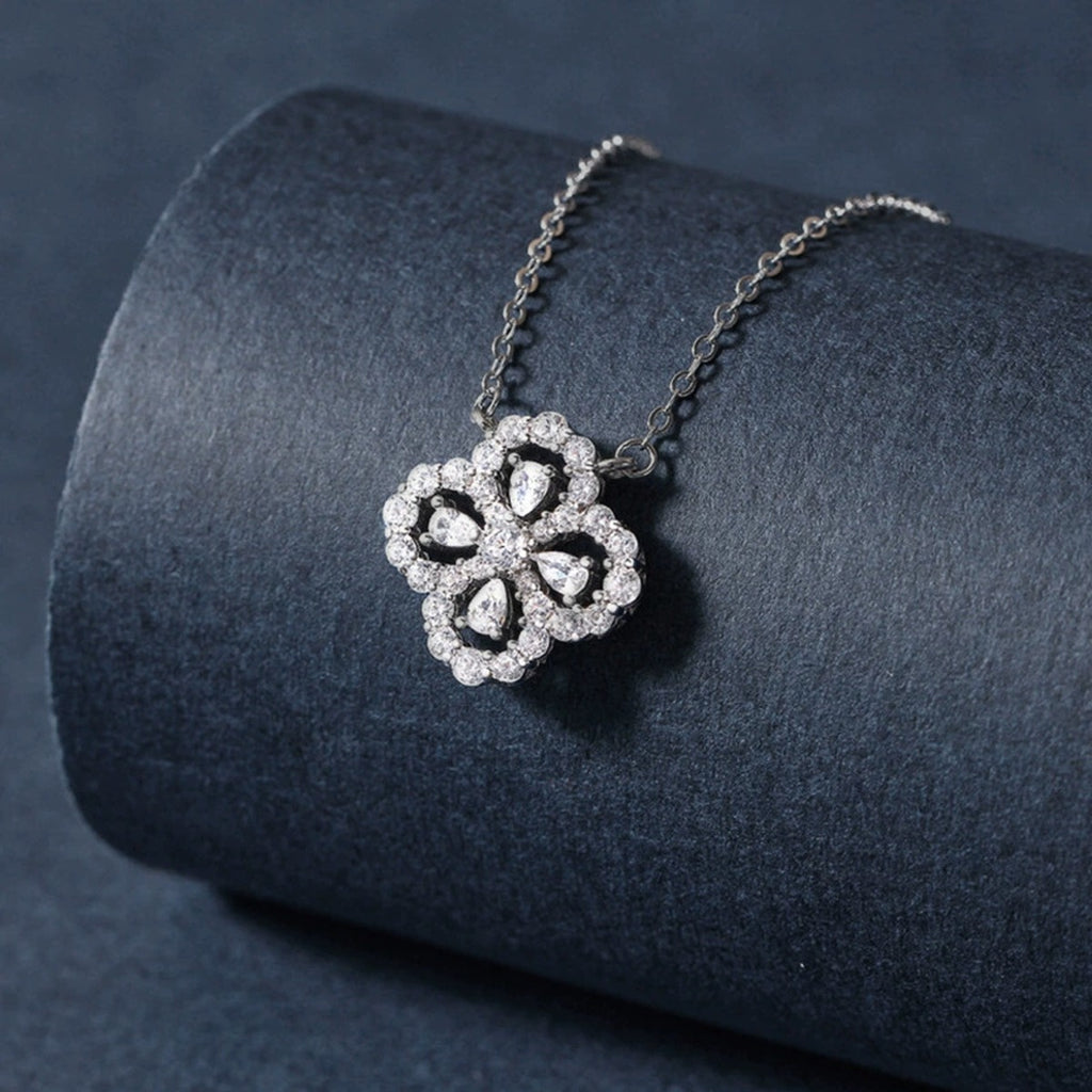 Floral Clover Round Moissanite Necklace with CZ in White Gold-Plated S925 sterling silver angled product detail view