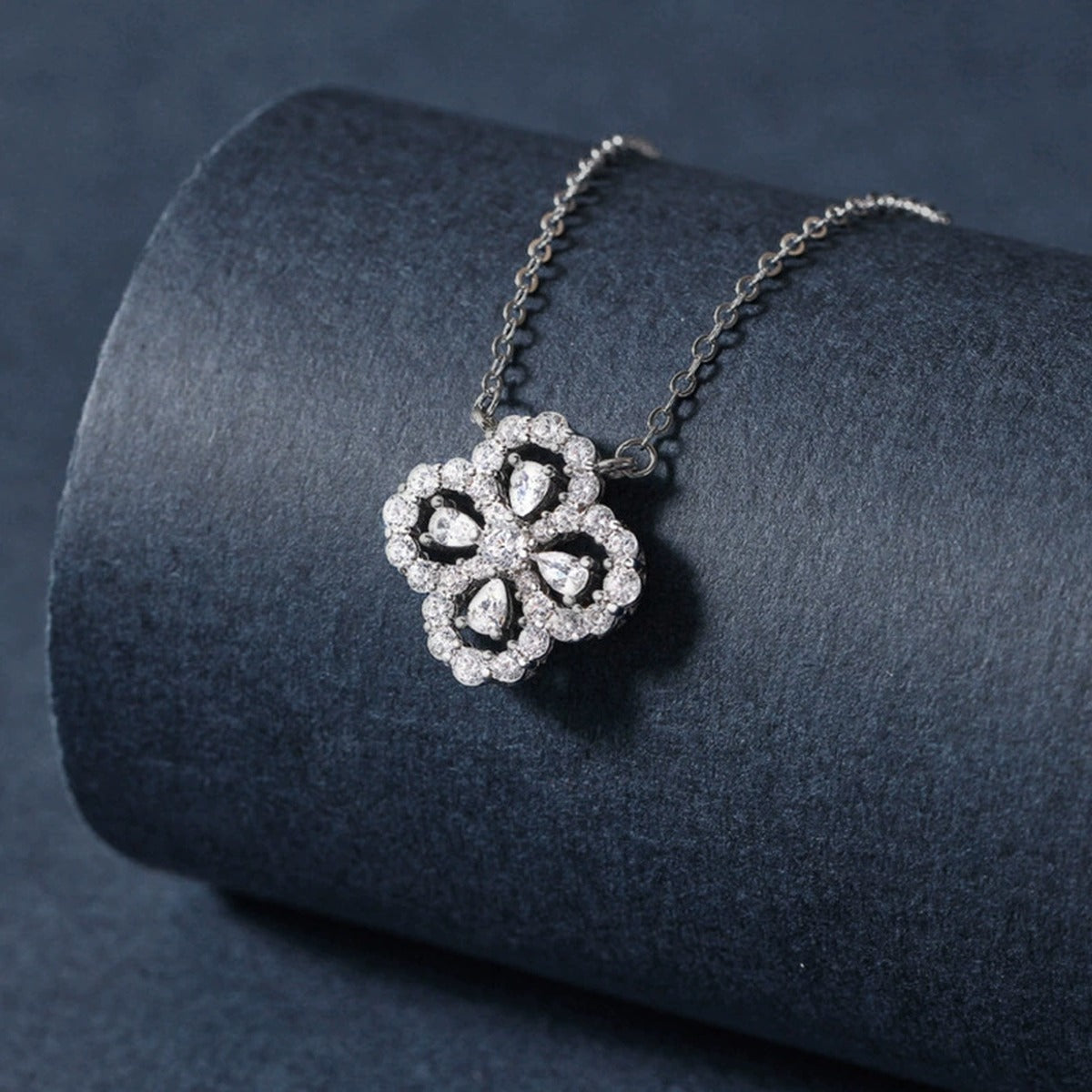 Floral Clover Round Moissanite Necklace with CZ in White Gold-Plated S925 sterling silver angled product detail view
