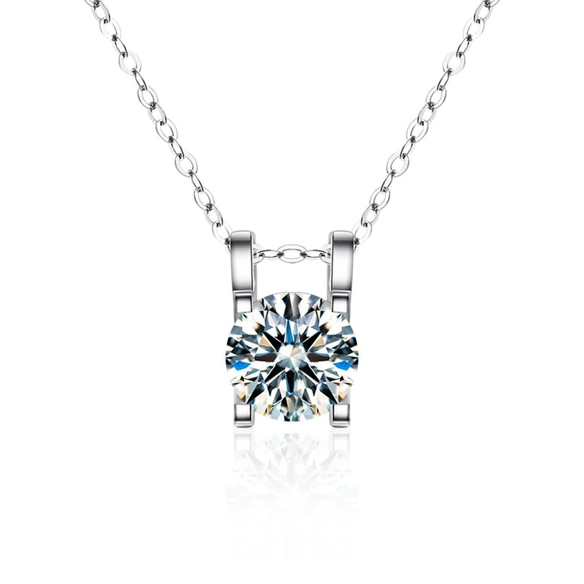 Round Moissanite Solitaire Necklace in Gold-Plated S925 sterling silver white background front product view showing a compact round solitaire held in a clean open basket