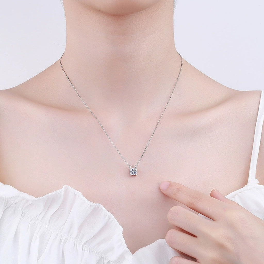 Round Moissanite Solitaire Necklace in Gold-Plated S925 sterling silver neckline model view showing pendant scale and chain length