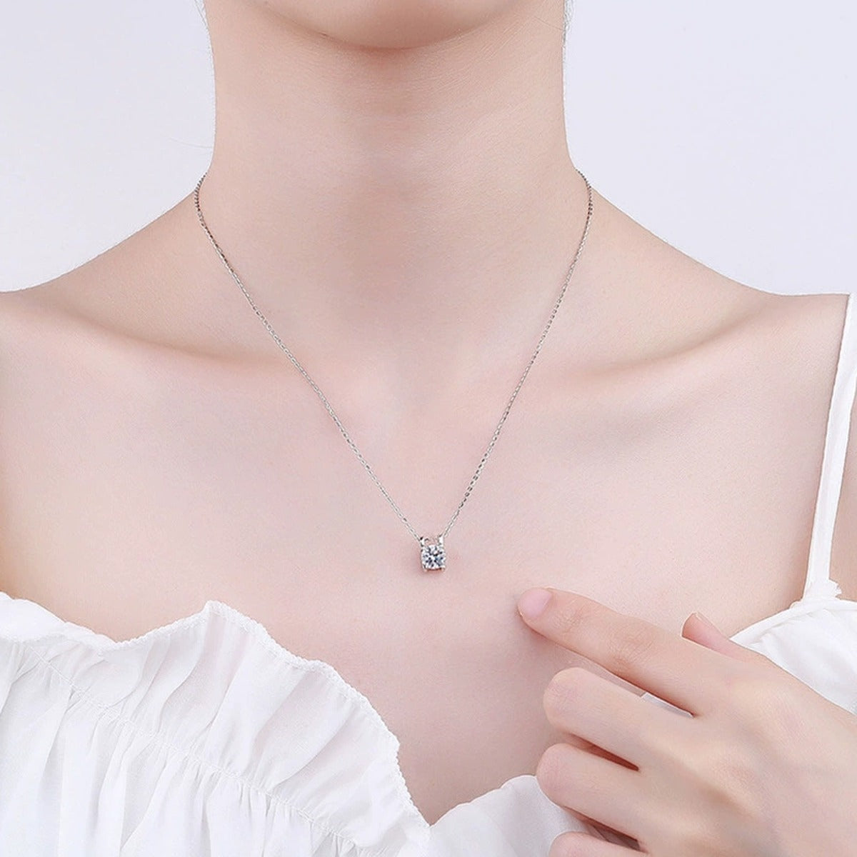 Round Moissanite Solitaire Necklace in Gold-Plated S925 sterling silver neckline model view showing pendant scale and chain length