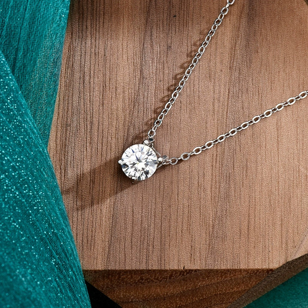 Round Moissanite Solitaire Necklace in Gold-Plated S925 sterling silver display scene showing chain and stone layout
