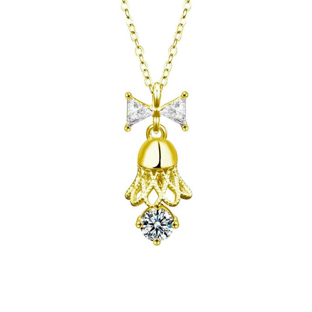 Bow Bell Round Moissanite Necklace with CZ in Gold-Plated S925 sterling silver white background product photo showing bow and bell pendant with a small round moissanite and CZ accents