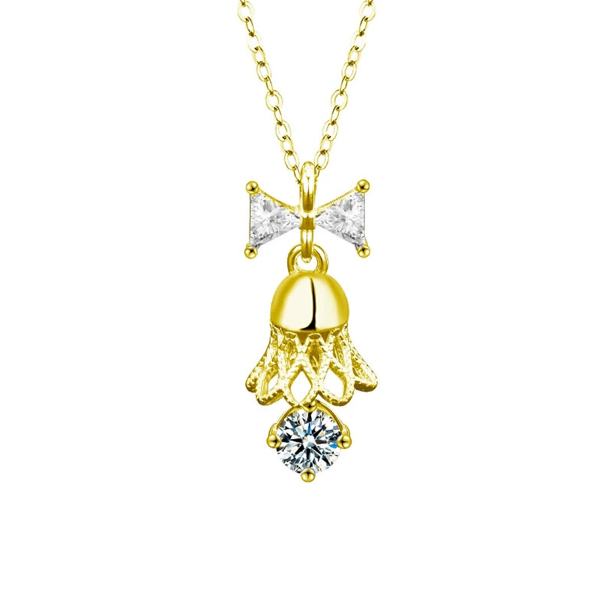 Bow Bell Round Moissanite Necklace with CZ in Gold-Plated S925 sterling silver white background product photo showing bow and bell pendant with a small round moissanite and CZ accents