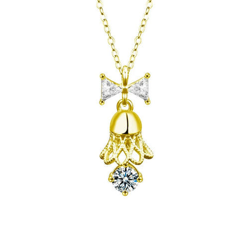 Bow Bell Round Moissanite Necklace with CZ in Gold-Plated S925 sterling silver white background product photo showing bow and bell pendant with a small round moissanite and CZ accents