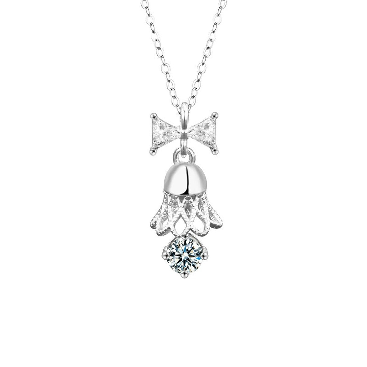 Bow Bell Round Moissanite Necklace with CZ in Gold-Plated S925 sterling silver white background product photo showing bow and bell pendant with a small round moissanite and CZ accents