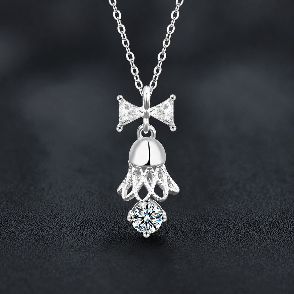 Bow Bell Round Moissanite Necklace with CZ in Gold-Plated S925 sterling silver dark display product view showing pendant and chain