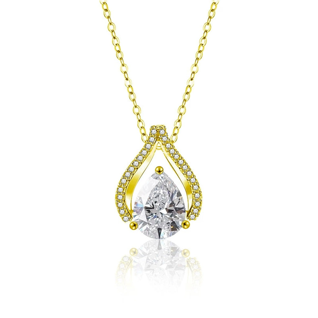Teardrop Pear Cut Moissanite Necklace with CZ in Gold-Plated S925 sterling silver white background product photo showing open teardrop pendant with a pear-cut moissanite and CZ accents