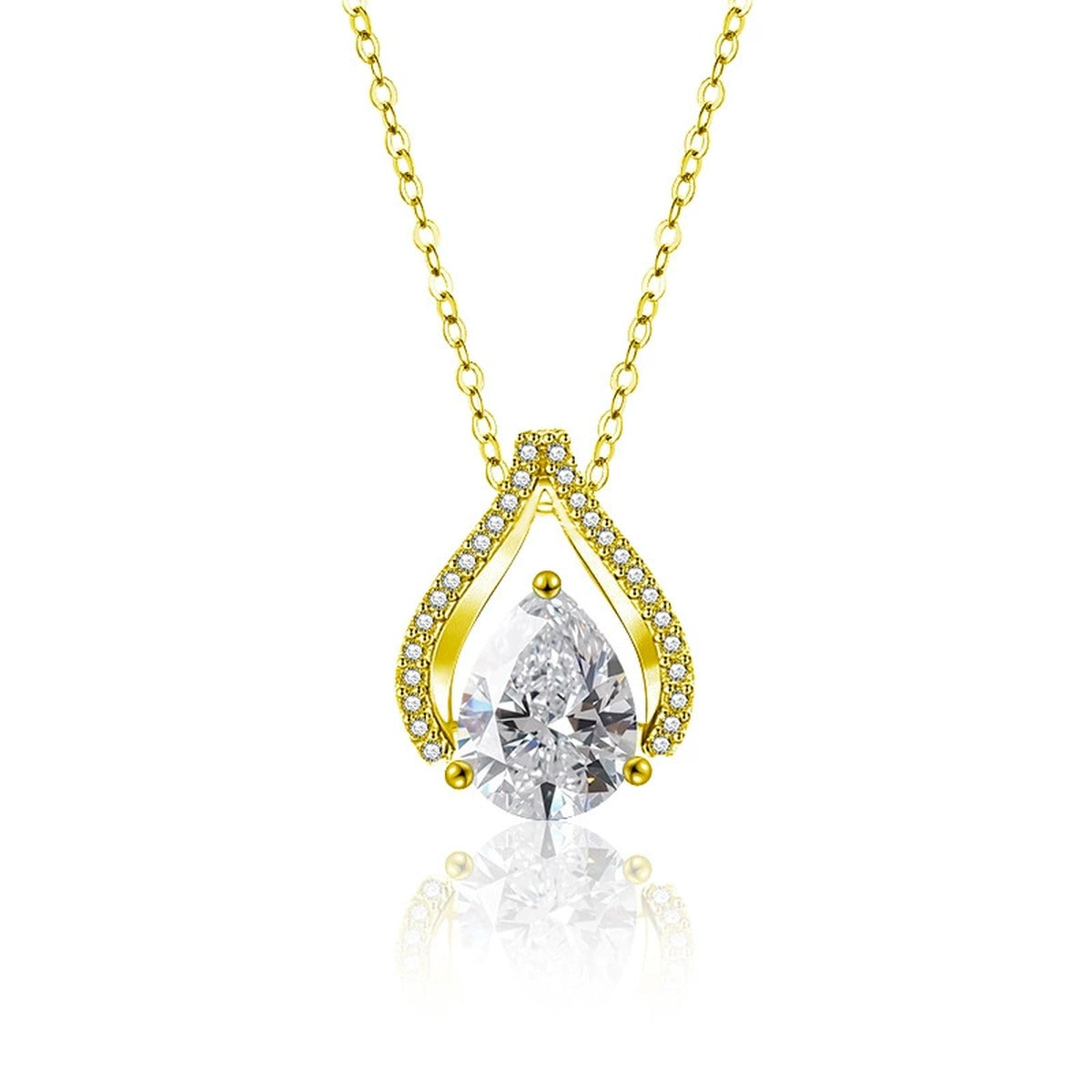 Teardrop Pear Cut Moissanite Necklace with CZ in Gold-Plated S925 sterling silver white background product photo showing open teardrop pendant with a pear-cut moissanite and CZ accents