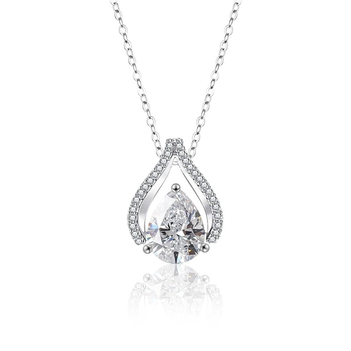 Teardrop Pear Cut Moissanite Necklace with CZ in Gold-Plated S925 sterling silver white background product photo showing open teardrop pendant with a pear-cut moissanite and CZ accents