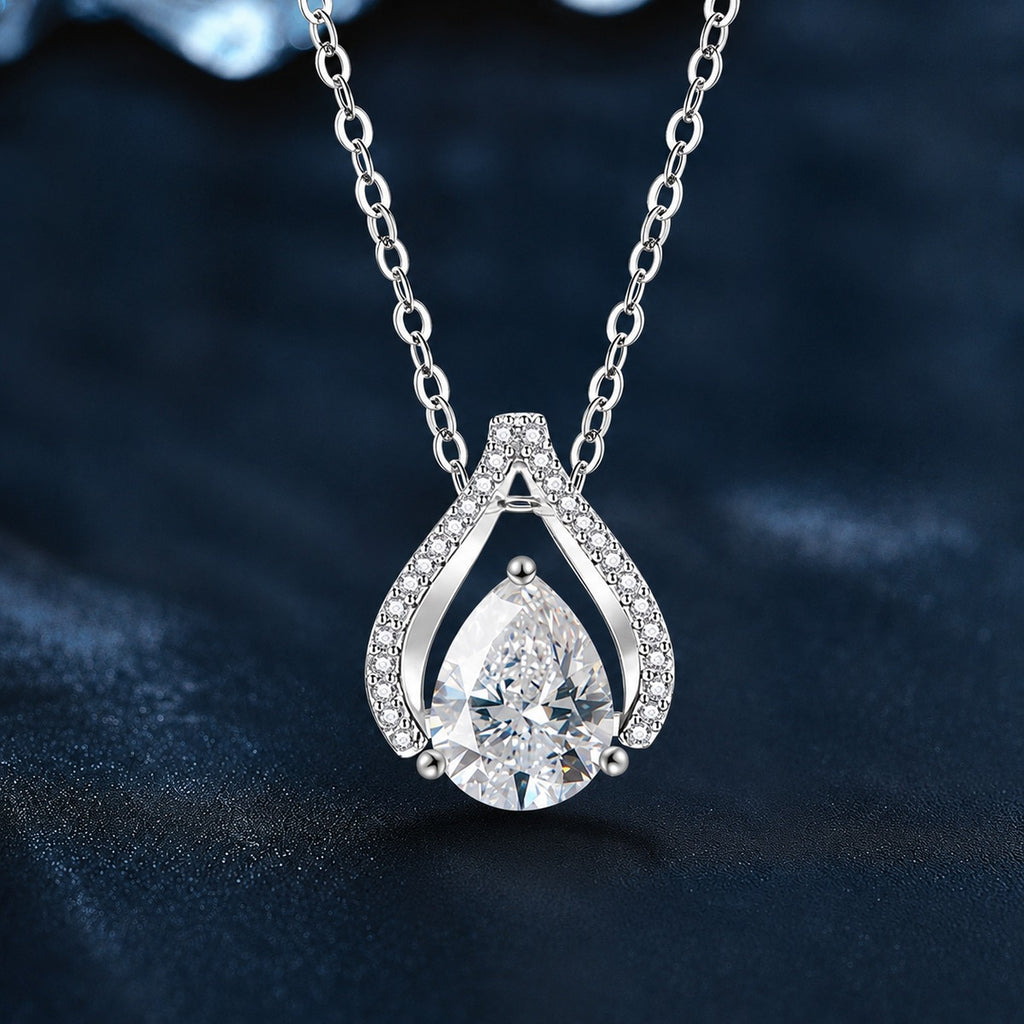 Teardrop Pear Cut Moissanite Necklace with CZ in Gold-Plated S925 sterling silver dark display product view showing pendant and chain