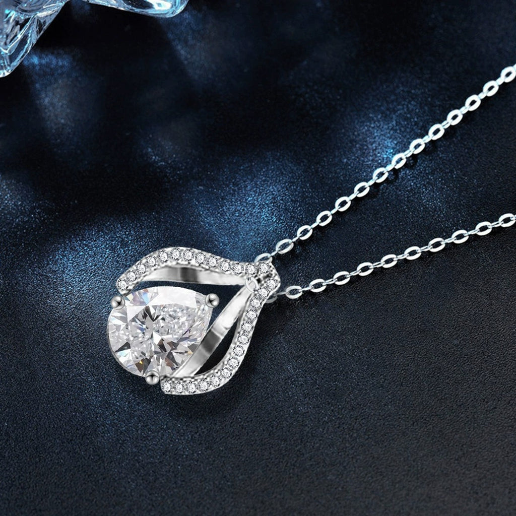 Teardrop Pear Cut Moissanite Necklace with CZ in Gold-Plated S925 sterling silver close-up product scene showing stone setting