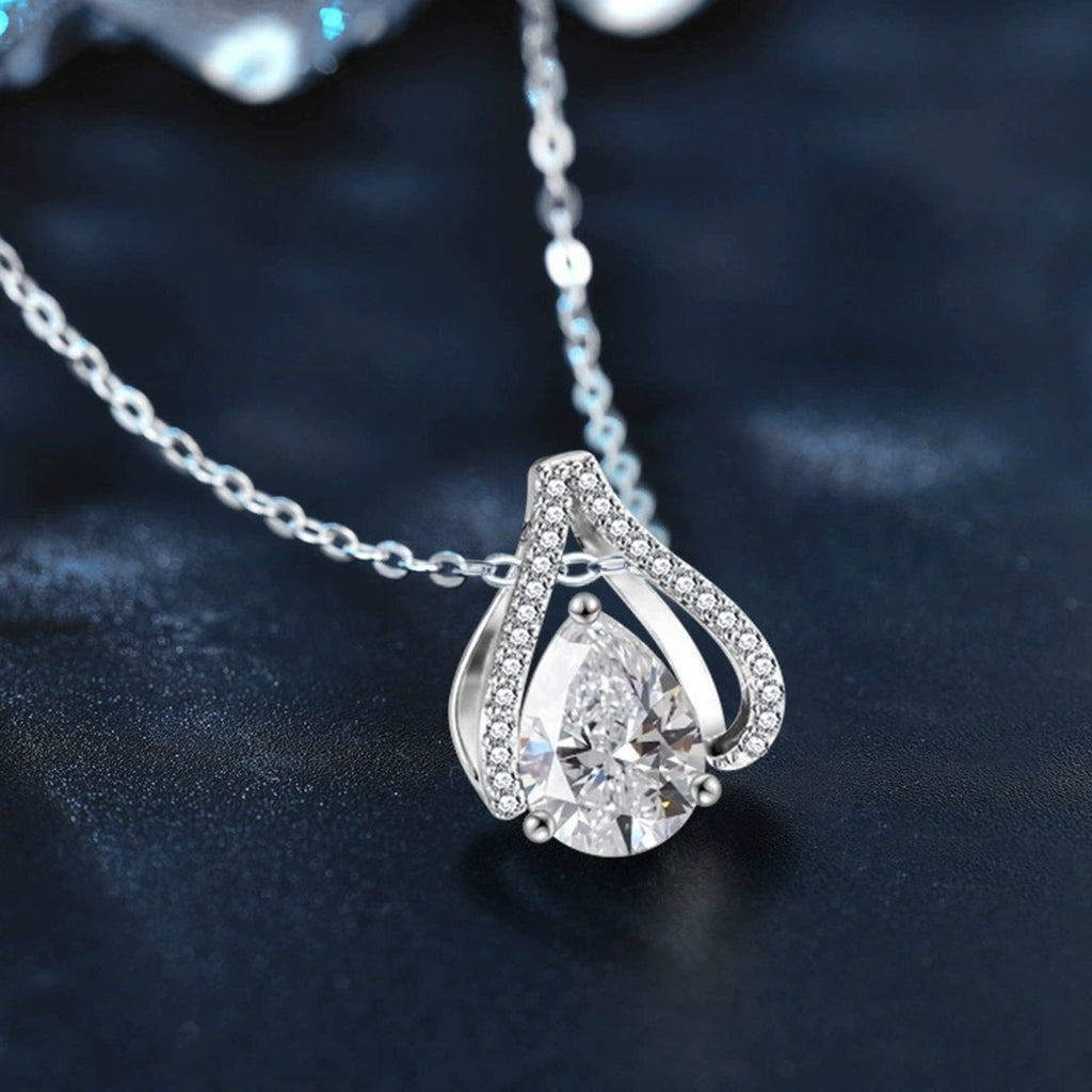 Teardrop Pear Cut Moissanite Necklace with CZ in Gold-Plated S925 sterling silver angled necklace detail showing pendant profile
