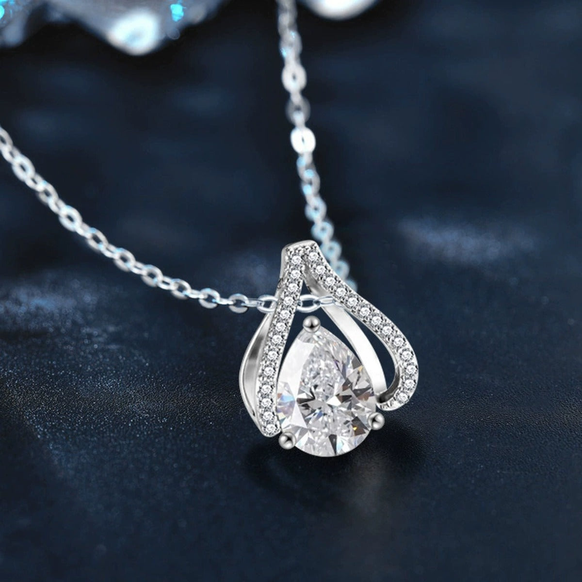 Teardrop Pear Cut Moissanite Necklace with CZ in Gold-Plated S925 sterling silver angled necklace detail showing pendant profile