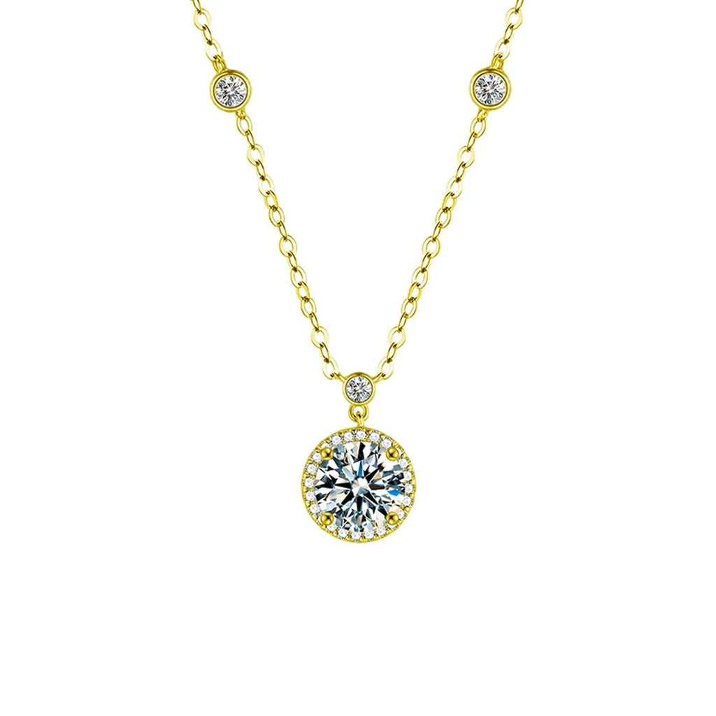 Solitaire Round Moissanite Necklace in Gold-Plated S925 sterling silver white background product photo showing round solitaire moissanite pendant on a delicate station chain