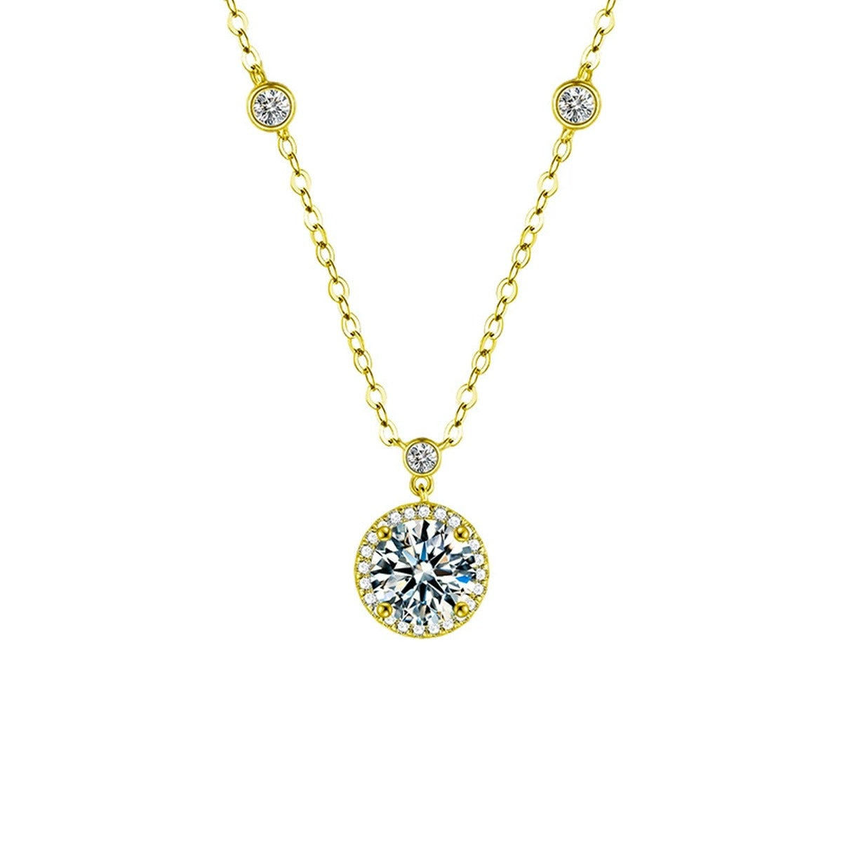 Solitaire Round Moissanite Necklace in Gold-Plated S925 sterling silver white background product photo showing round solitaire moissanite pendant on a delicate station chain