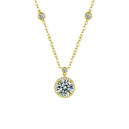 Solitaire Round Moissanite Necklace in Gold-Plated S925 sterling silver white background product photo showing round solitaire moissanite pendant on a delicate station chain