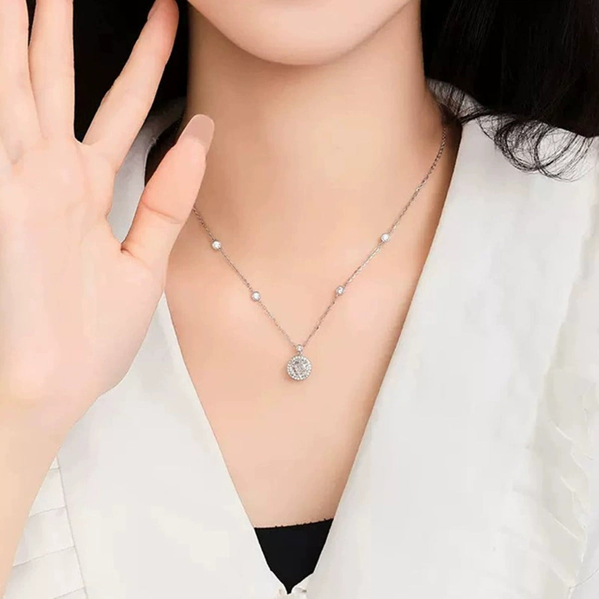 Solitaire Round Moissanite Necklace in Gold-Plated S925 sterling silver neckline model view showing pendant scale and chain length