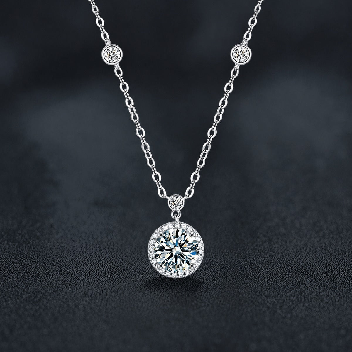 Solitaire Round Moissanite Necklace in Gold-Plated S925 sterling silver dark display product view showing pendant and chain