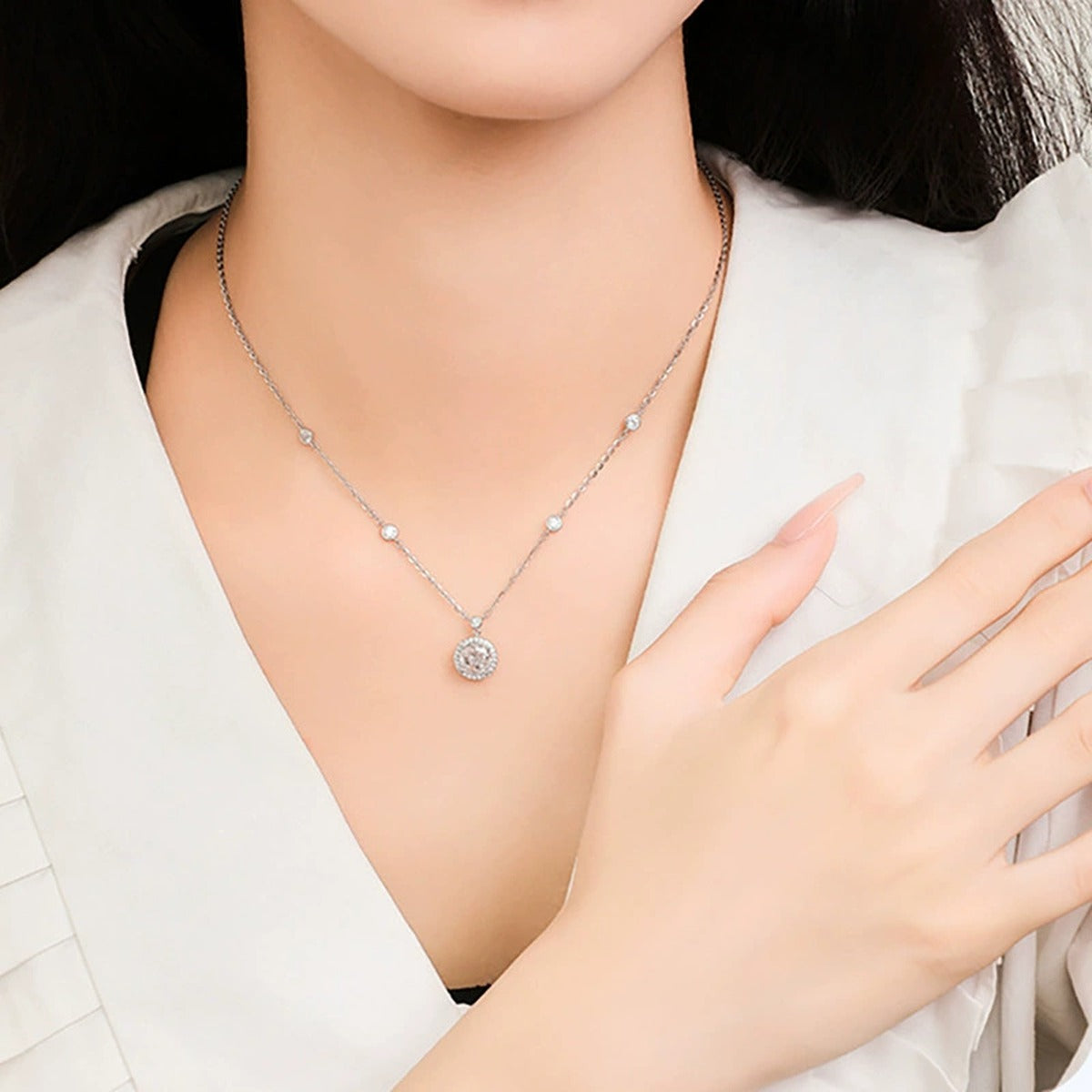 Solitaire Round Moissanite Necklace in Gold-Plated S925 sterling silver neckline model view showing pendant scale and chain length