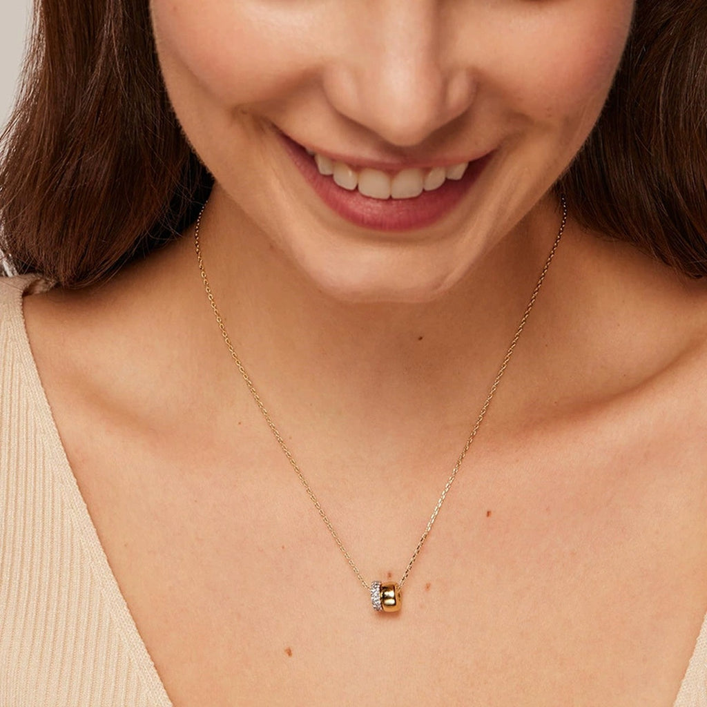 Double Circle Moissanite Necklace in Gold-Plated S925 sterling silver neckline model view showing pendant scale and chain length