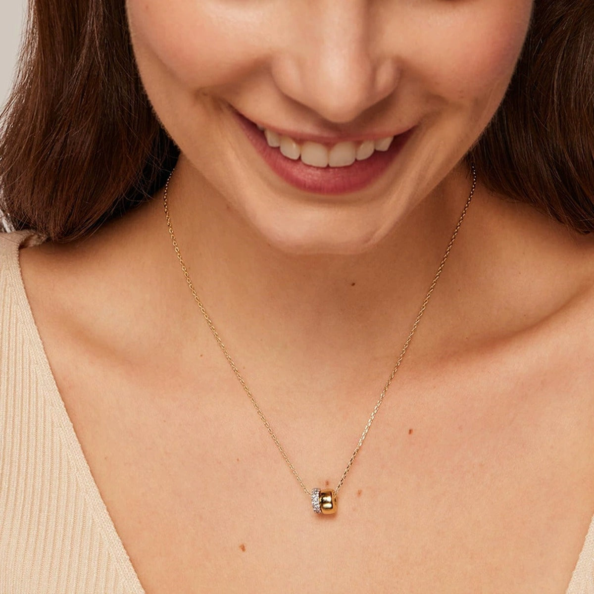 Double Circle Moissanite Necklace in Gold-Plated S925 sterling silver neckline model view showing pendant scale and chain length