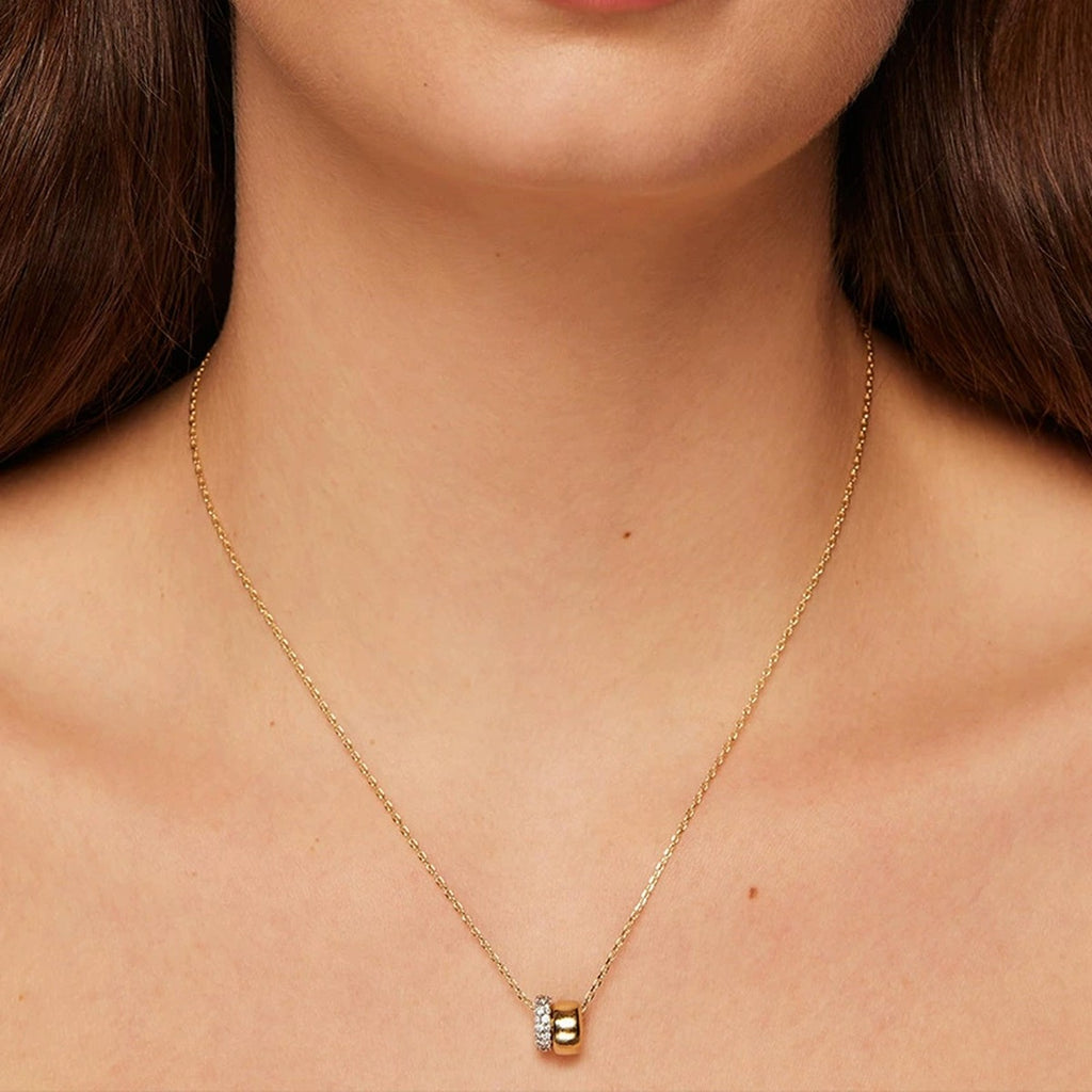 Double Circle Moissanite Necklace in Gold-Plated S925 sterling silver neckline model view showing pendant scale and chain length