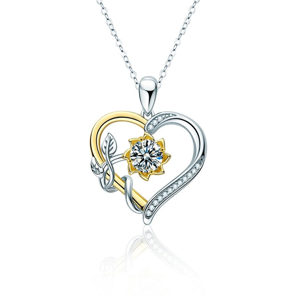 Sunflower Heart Round Moissanite Necklace with CZ in White Gold-Plated S925 sterling silver white background product photo showing sunflower and heart pendant with a 1 ct round moissanite and CZ accents