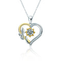 Sunflower Heart Round Moissanite Necklace with CZ in White Gold-Plated S925 sterling silver white background product photo showing sunflower and heart pendant with a 1 ct round moissanite and CZ accents