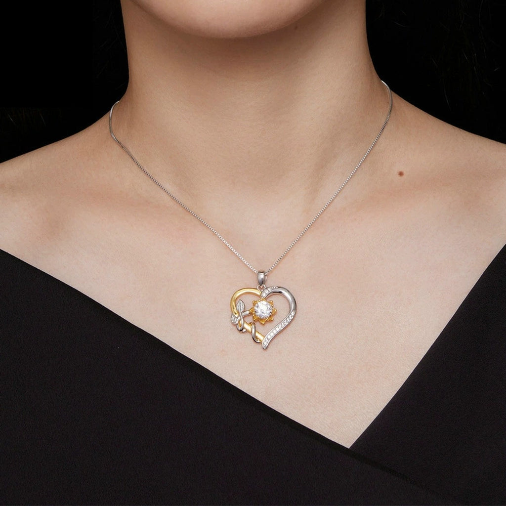 Sunflower Heart Round Moissanite Necklace with CZ in White Gold-Plated S925 sterling silver neckline model view showing pendant scale and chain length